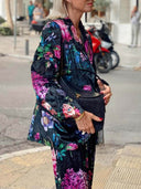 Retro Floral Print Elastic Waist Pocket Wide-Leg Pants