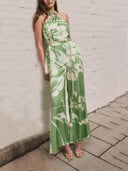 Modern Satin Abstract Floral Print Bell-Bottom Pants