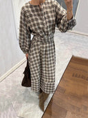 Retro Plaid Print Belted Midi Dress