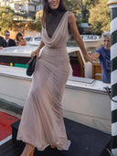 Elegant Sheer Drape-Neck Ruched Front Maxi Dress
