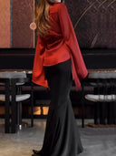 Fashion Satin Button Front Center Cross Straps Long Bell Sleeve Shirt