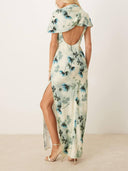 Exquisite Floral Print High Neck Cape Drape Bodycon Maxi Dress