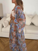 Unique Blue Floral Print Elastic Waist Lantern Pants