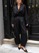 Vintage Satin Print Drawstring Elastic Waist Straight-Leg Pants