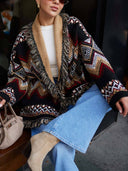 Retro Ethnic Print Fringe Panel Loose Cardigan