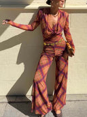 Unique Plaid Print Sheer High-Waist Straight Pants