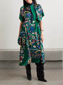Unique Draped Print Satin Midi Dress