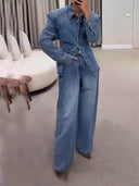 Fashionable High-Waist Pocket Wide-Leg Jeans