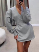 Casual Stroll Ribbed V-neck Long Sleeve Waisted Sporty Mini Dress