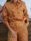 Unique Floral Print Mustard High-Waisted Straight-Leg Pants