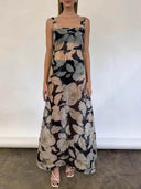 Exquisite Black Rose Print A-Line Maxi Dress