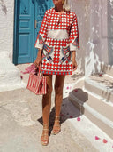Vintage Print Flared Cuffs Mini Dress