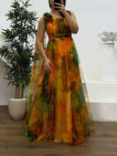Elegant Printed One-Shoulder Chiffon Plus Size Tulle Evening Dress
