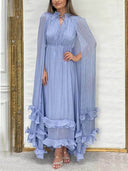 Exquisite Fashionable V-neck Lace-up Ruffled Double-layer Hem Maxi Dress