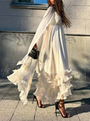 Exquisite Fashionable V-neck Lace-up Ruffled Double-layer Hem Maxi Dress