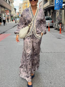 Unique Floral Print Ribbon Splice Pockets Elastic Waist Wide-Leg Pants