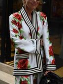 Exquisite Rose Print Ribbon-Trimmed Detail Loose Pocket Shirt