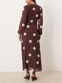 Elegant Polka Dot Print Lantern Sleeve Maxi Dress