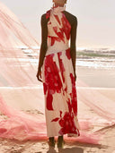 Elegant Printed Satin Ruched Backless Ruffle Maxi Dress