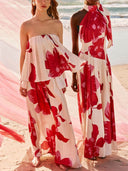 Elegant Printed Satin Ruched Backless Ruffle Maxi Dress
