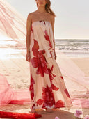 Elegant Printed Satin Ruched Pocket Wide-Leg Pants