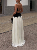Elegant Color-Block Spaghetti Strap Backless Maxi Dress