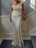 Elegant Pleated Fishtail Ribbon Fitted Party Maxi Dress