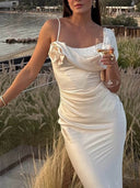 Elegant Pleated Fishtail Ribbon Fitted Party Maxi Dress