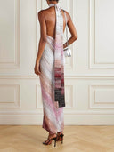 Retro Metallic Print Crochet Halter Maxi Dress