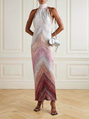 Retro Metallic Print Crochet Halter Maxi Dress