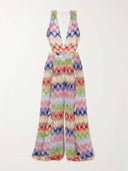 Casual Stripe Print Metallic Crochet Jumpsuit