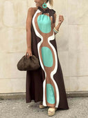 Unique Print Sleeveless Halter Neck Loose Holiday Maxi Dress