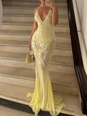V-neck Backless Sequined Fishtail Maxi Dress