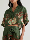 Retro Palm Tree Print Cropped Linen Shirt