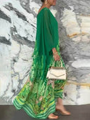 Vacation Plant Print Batwing Sleeve Kaftan Oversized Maxi Dress