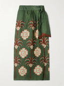 Retro Palm Tree Print Linen Wrap Midi Skirt
