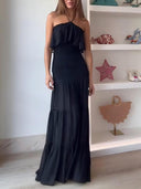 Elegant Ruched Layered Halter Backless Chiffon Maxi Dress
