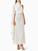 Elegantly Draped Cape-sleeved Satin Maxi Dress