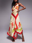 Elegant Unique Print Deep Pleated Asymmetric Backless Maxi Dress