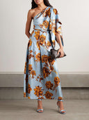 Delicate One-Shoulder Belted Draped Floral-Print Satin Maxi Dress