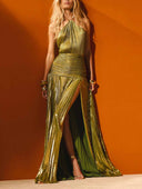 Elegant Metallic Pleated Halter Neck Maxi Dress