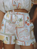 Unique Linen Floral Print Short Loose Top With Tie Pocket Shorts Set