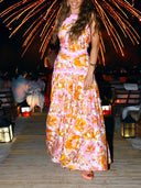 Delicate Ruffle Trim Backless Printed Maxi Dress
