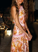 Delicate Ruffle Trim Backless Printed Maxi Dress