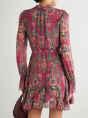 Boho Ruffle Trim Printed Crinkled Mini Dress