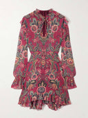 Boho Ruffle Trim Printed Crinkled Mini Dress