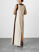 Unique Retro Colorblock Belted Linen Maxi Dress