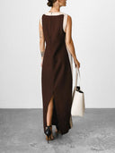 Unique Retro Colorblock Belted Linen Maxi Dress