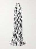 Elegant Cutout Polka Dot Print Stretch Halter Maxi Dress