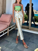Exquisite Hollow Bandeau Tie-Back Vest Top Ruched High-Waisted Straight-Leg Pants Set